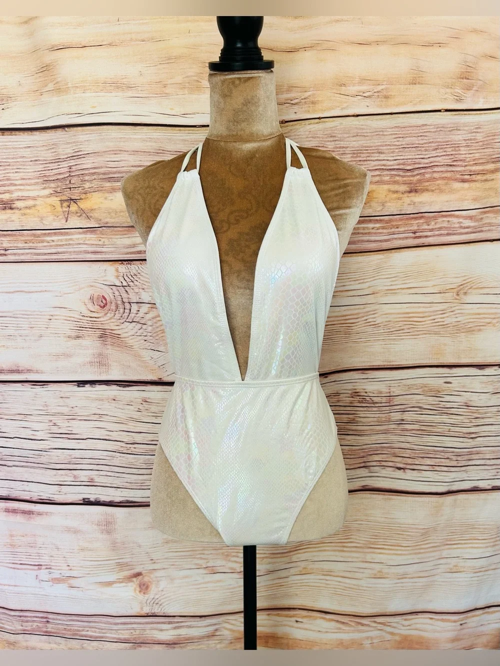SHEIN White Snakeskin Print Iridescence Plunging One-Piece Swim Suit L NWT